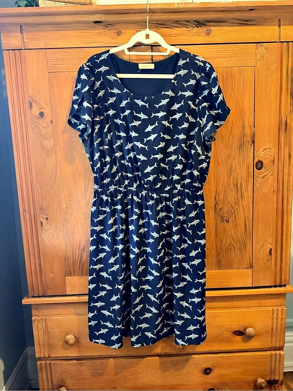 Peach Love Shark Print Midi Dress in Blue & White